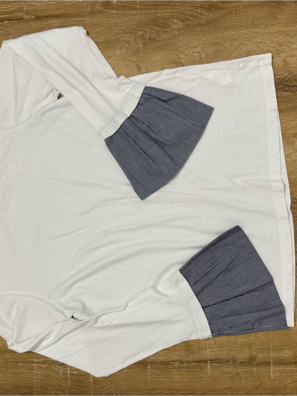 White Long-Sleeve Tee with Navy Stripe Ruffle Cuffs